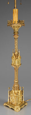 Appraisal: Gothic Revival lamp cast brass with ecclesiastical figures in niches