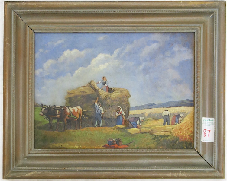 Appraisal: FRENCH OIL ON BOARD The Harvest figures harvesting hay and