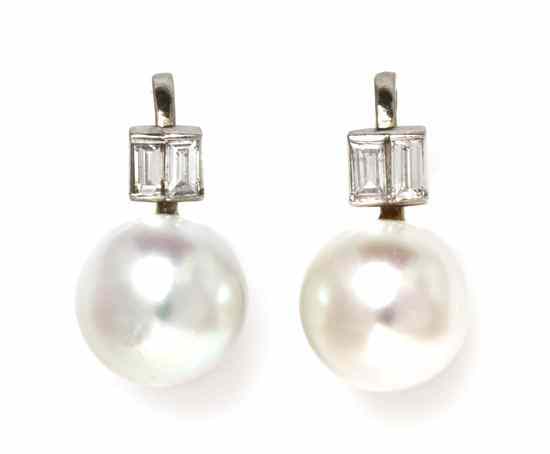 Appraisal: A Pair of White Gold Cultured Pearl and Diamond Earclips