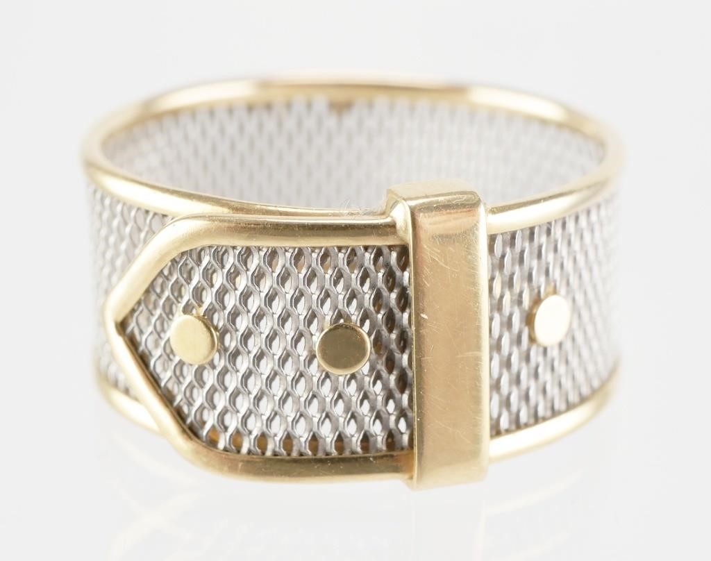 Appraisal: K white and yellow gold mesh belt ring marked Italy