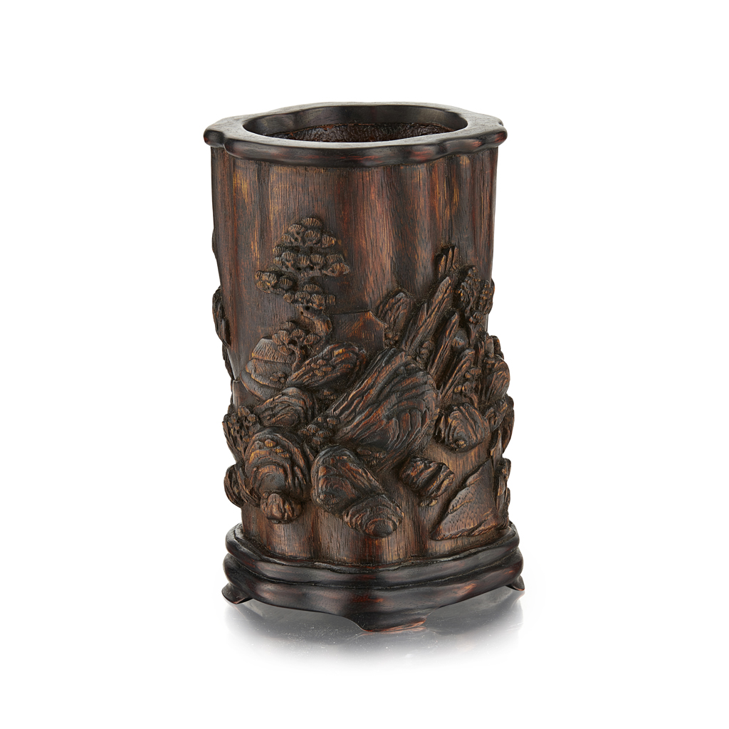 Appraisal: CARVED BAMBOO BRUSHPOT of lobed section carved in high relief