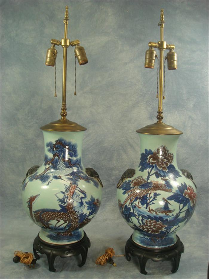 Appraisal: Pr Chinese porcelain vases converted to table lamps bird crane