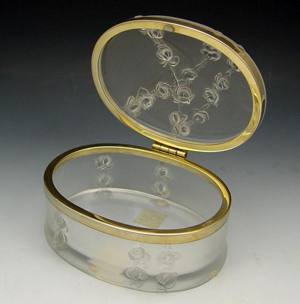 Appraisal: LALIQUE COPPELIA DRESSER BOX Oval frosted glass with bands of