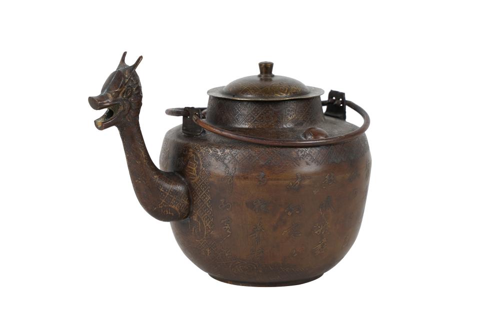 Appraisal: INLAID BRASS AND COPPER FIGURAL KETTLE inches wide inches high