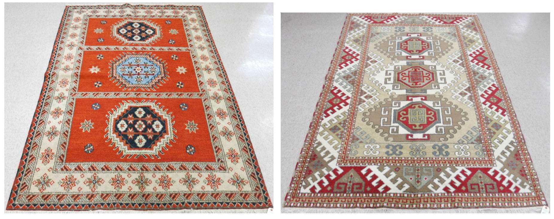 Appraisal: TWO HAND KNOTTED ORIENTAL CARPETS Indo-Kazaks both featuring three geometric