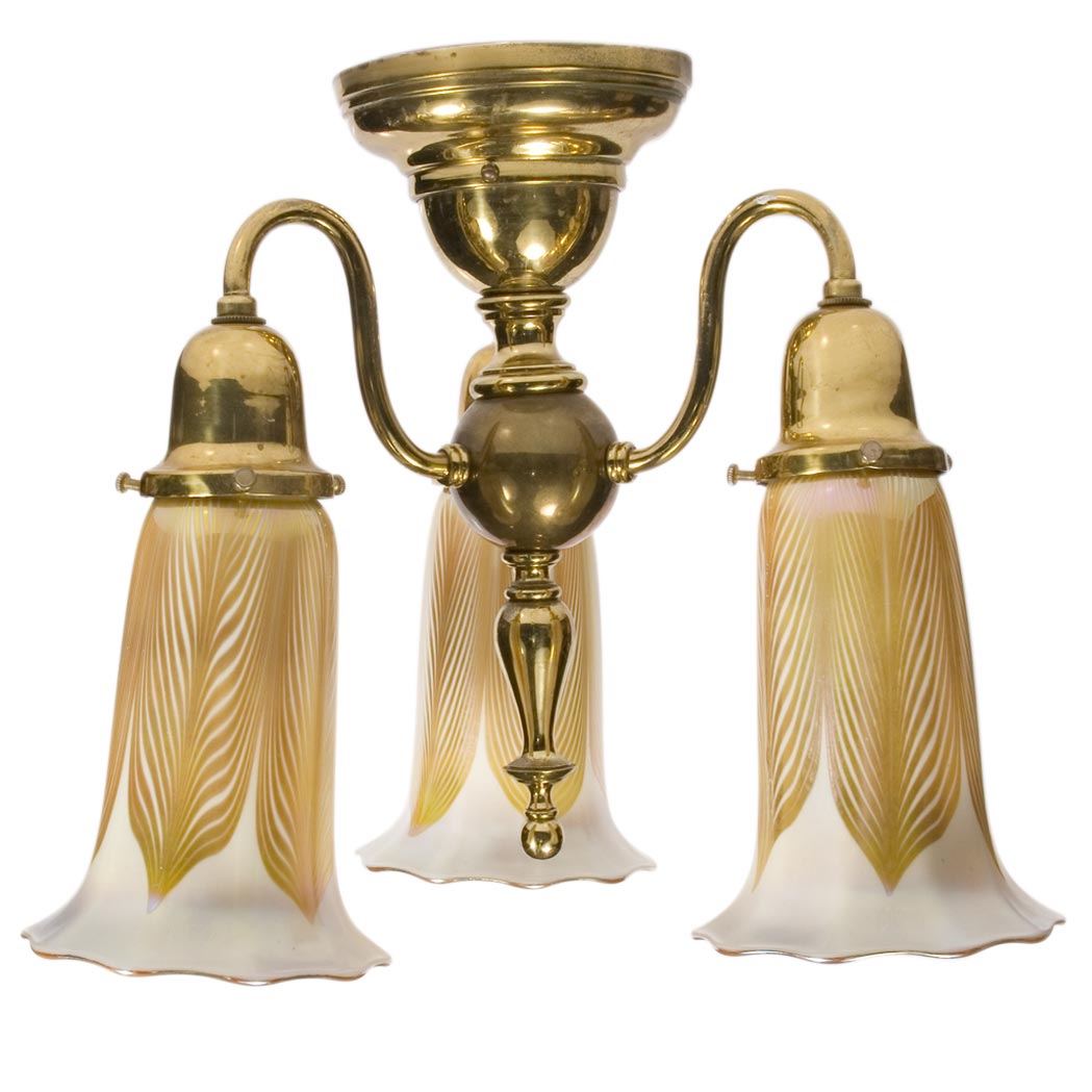 Appraisal: Quezal Glass and Brass Three-Light Ceiling Fixture Circa En suite