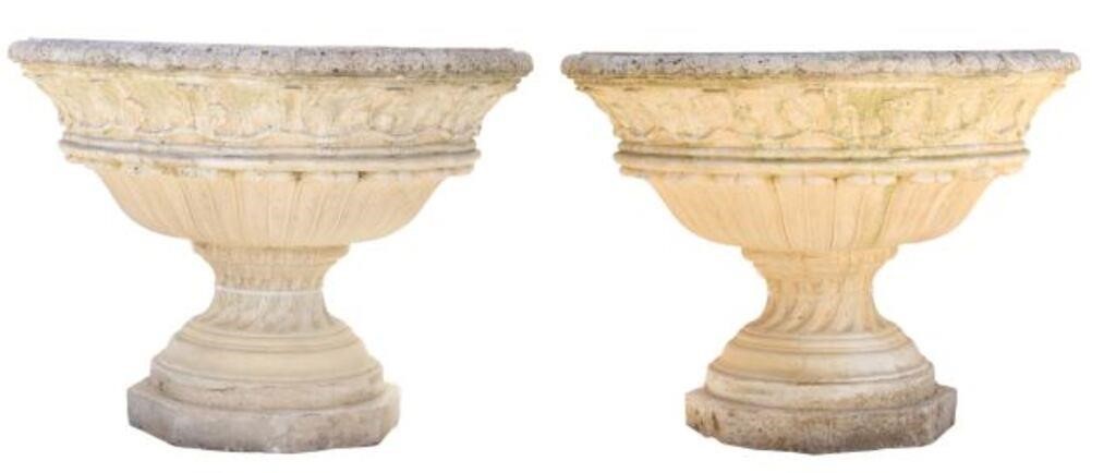 Appraisal: pair Large cast stone garden urns fountains rolled rim over