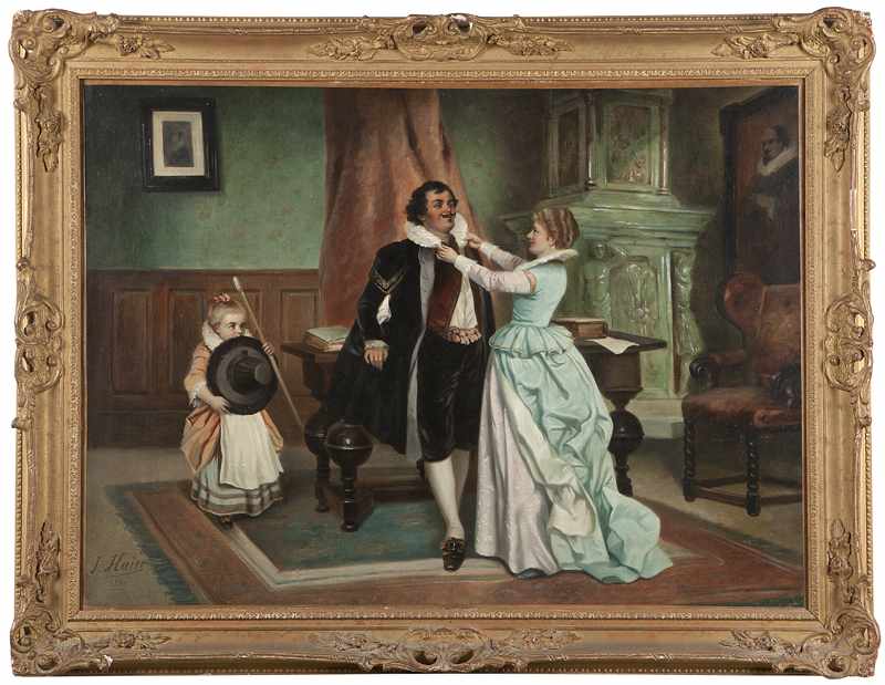 Appraisal: Lady and girl dressing a gentleman in an interior signed