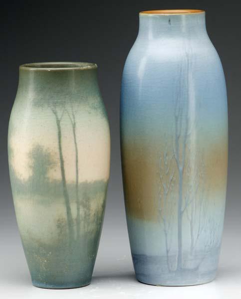 Appraisal: ROOKWOOD Two Scenic Vellum ovoid vases one painted by Kate