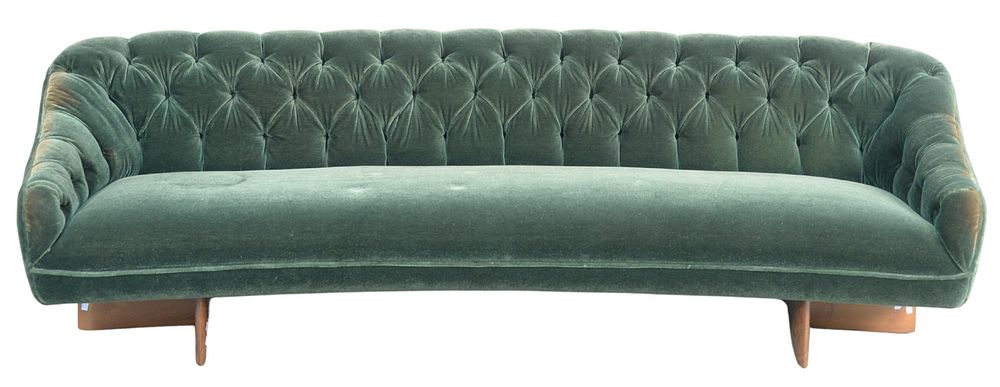 Appraisal: Vladimir Kagan Sofa sculpted walnut with green mohair tufted upholstery