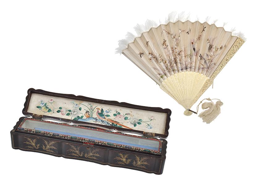 Appraisal: A CHINESE IVORY FRAMED FAN IN A FITTED EXPORT LACQUERED