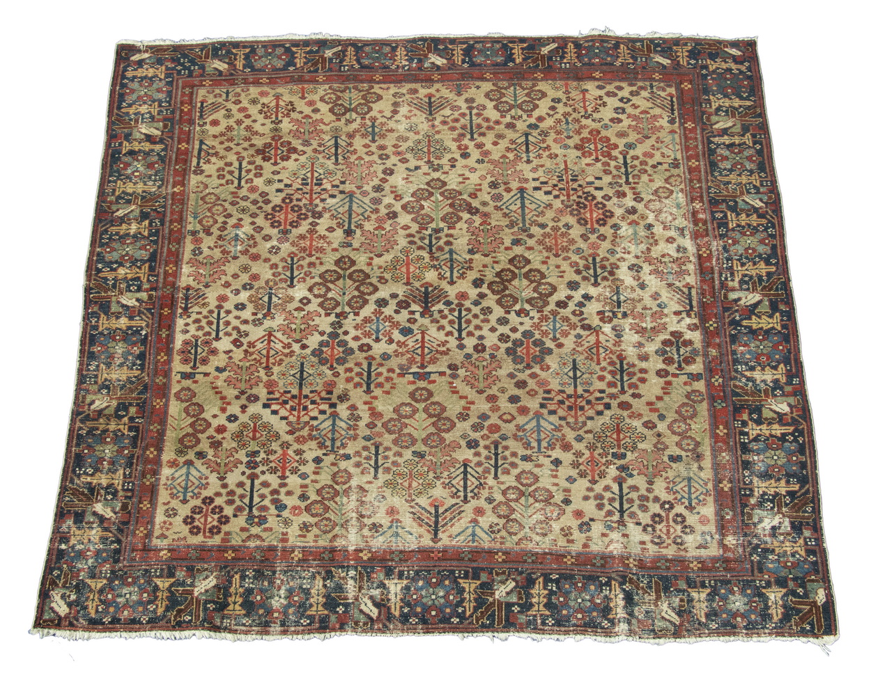 Appraisal: SQUARE PERSIAN CARPET Overall design of trees chevrons rosettes and