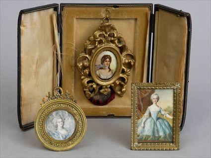 Appraisal: TWO WATERCOLOR PORTRAITS ON IVORY AND A GERMAN PORCELAIN MINIATURE