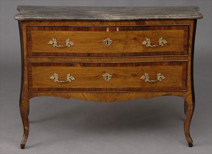 Appraisal: ITALIAN ROCOCO OLIVEWOOD AND TULIPWOOD COMMODE The gray marble top