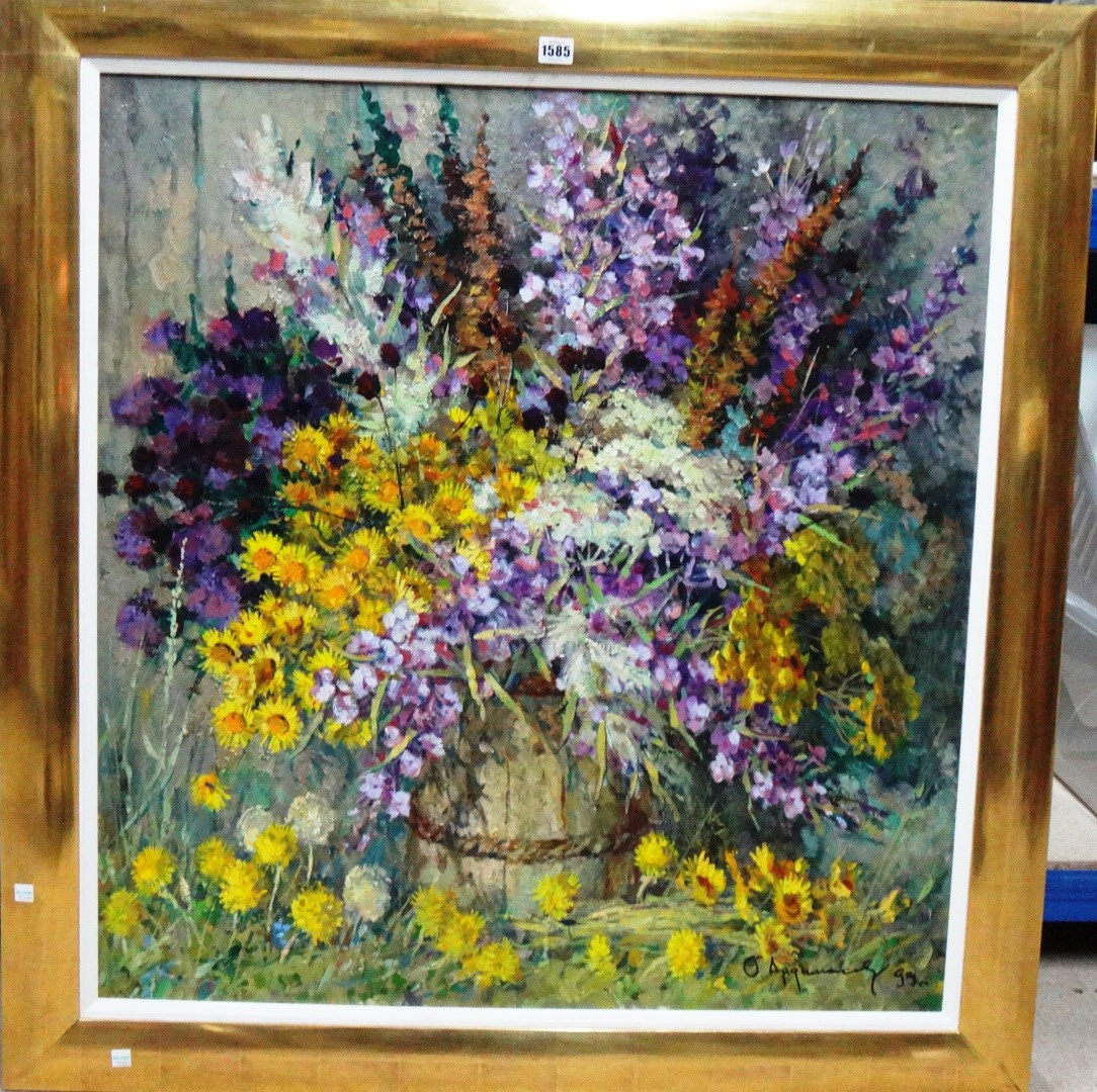 Appraisal: O Apaumacob th century Still life of purple and yellow