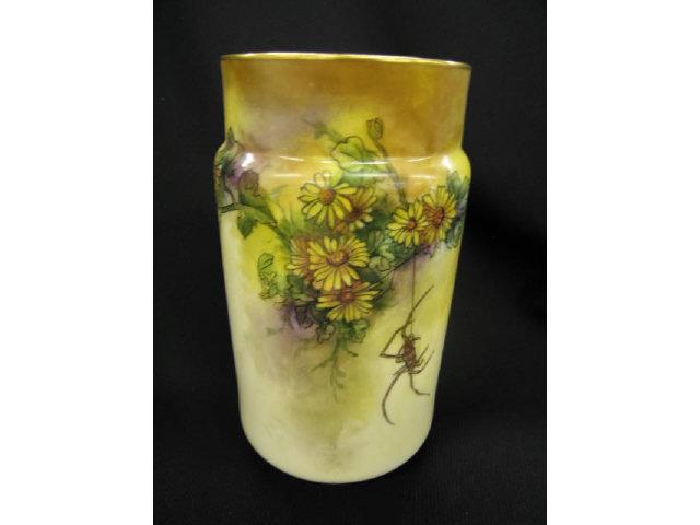 Appraisal: Lenox Belleek Porcelain Handpainted Vase fine floral spider design excellent