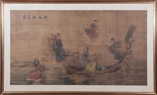 Appraisal: Chinese color print of figures on shore and in boat