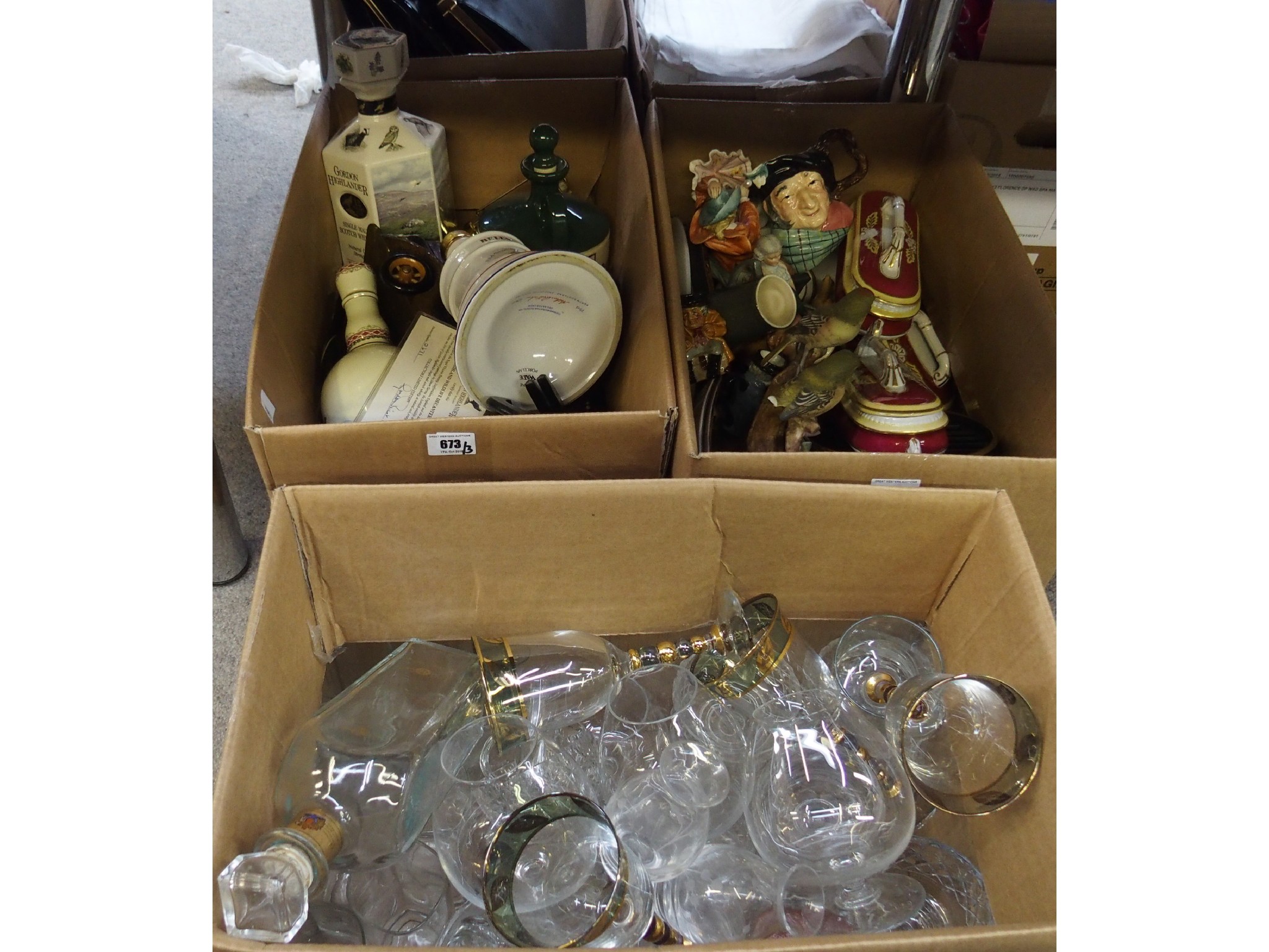 Appraisal: Three boxes of various ceramics and glass including decanters toby