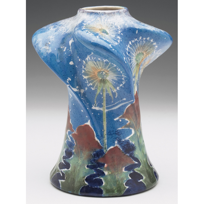 Appraisal: Amphora vase twisting shape colorful slippainteddesign of dandelionsagainst a blue