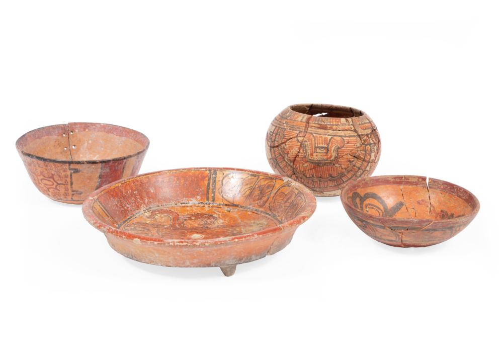 Appraisal: FOUR PRE-COLUMBIAN POTTERY VESSELSFour Pre-Columbian Pottery Vessels probably Maya handpainted