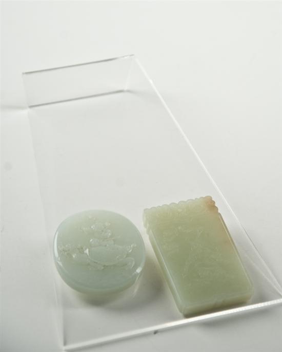 Appraisal: Two Chinese Pale Celadon Jade Plaques with raised design and