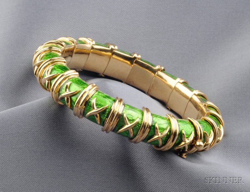 Appraisal: kt Gold and Green Enamel Bangle Bracelet Schlumberger Tiffany Co