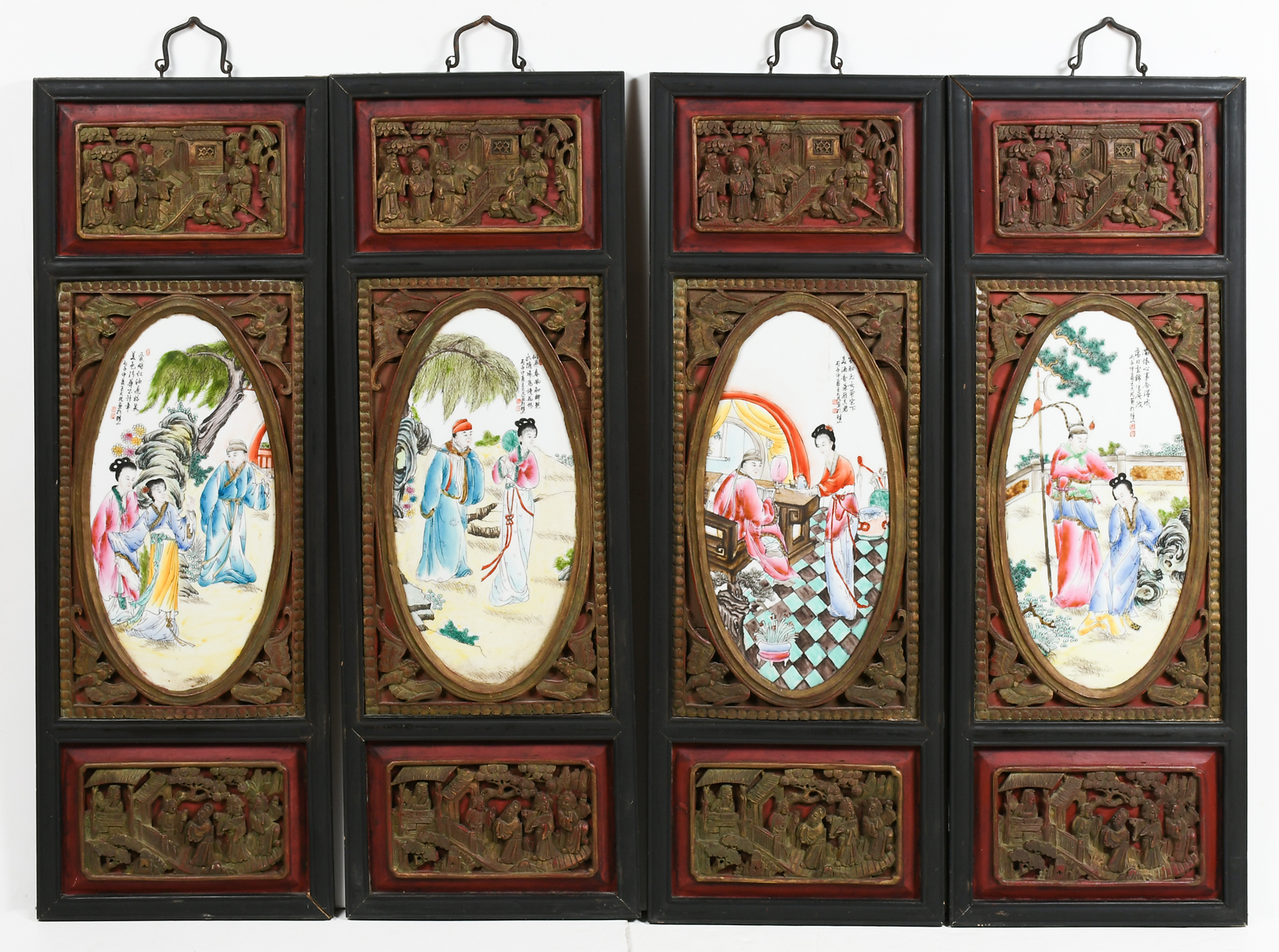 Appraisal: PC TH C CHINESE FAMILLE ROSE FIGURAL WALL PLAQUES This