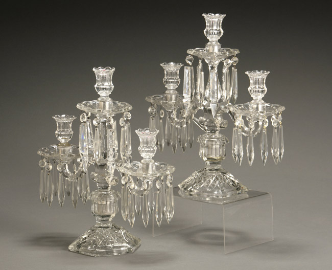 Appraisal: Pair of Anglo-Irish Cut and Molded Glass Three-Light Lustre Candelabra