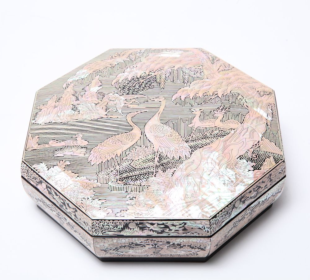 Appraisal: Asian Mother of Pearl Lacquer Fitted Box Asian mother of