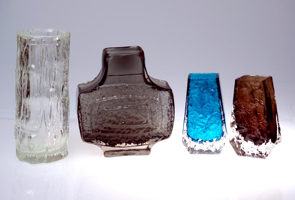 Appraisal: GROUP OF WHITEFRIARS GLASS comprising Flint Bark vase Kingfisher Coffin