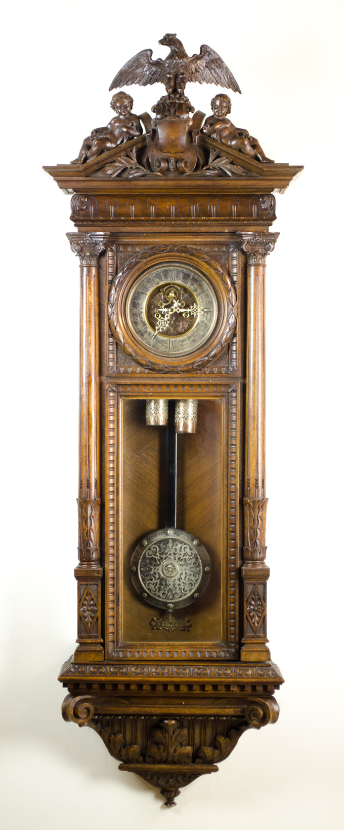 Appraisal: CARVED WALNUT LONG CASE REGULATOR WALL CLOCK Gustav Becker Clock