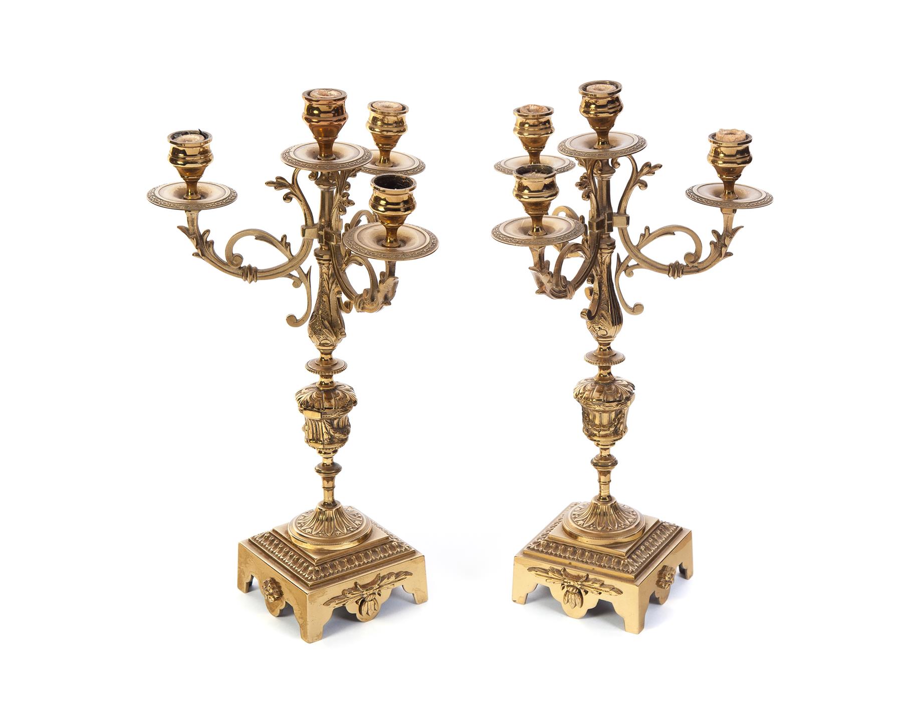 Appraisal: PAIR OF CAST BRASS FOUR BRANCH CANDELABRA European late th