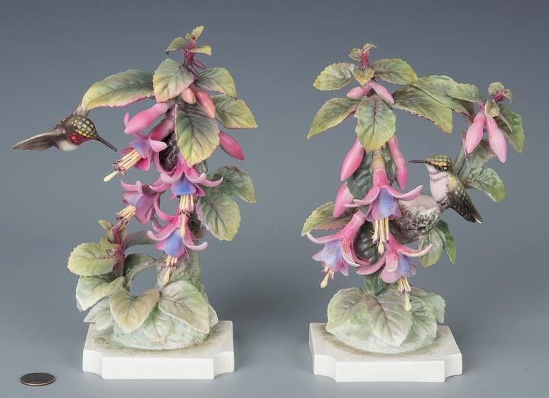 Appraisal: Pair Dorothy Doughty Hummingbirds Pair of Royal Worcester Ruby Throated