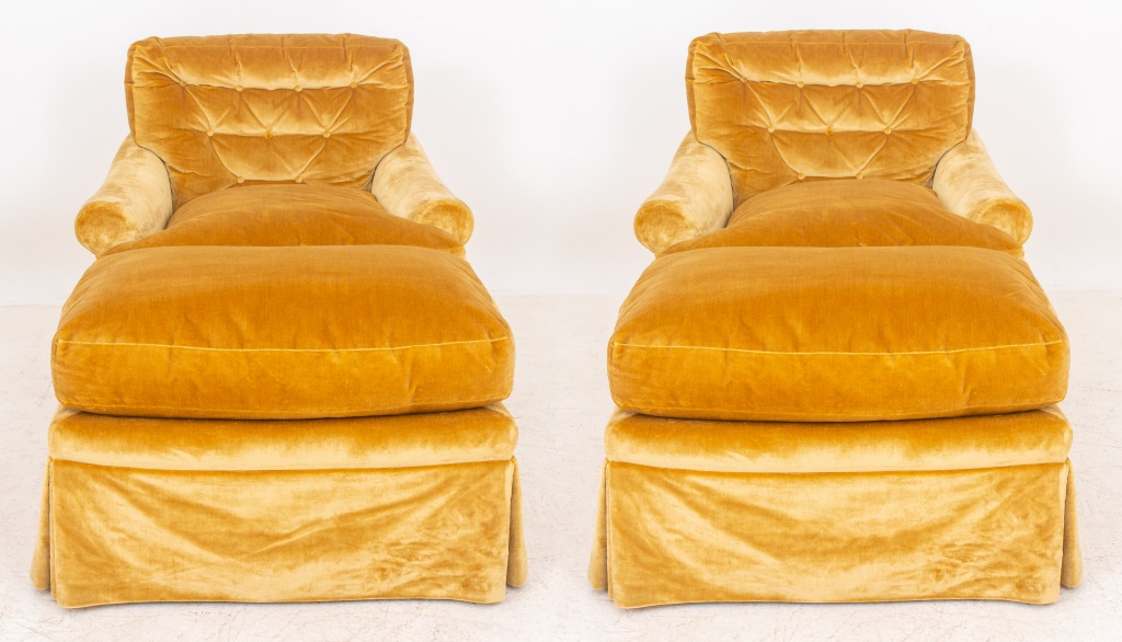 Appraisal: GOLD VELVET COVERED ARM CHAIRS OTTOMANS ENSUITE Pair of gold