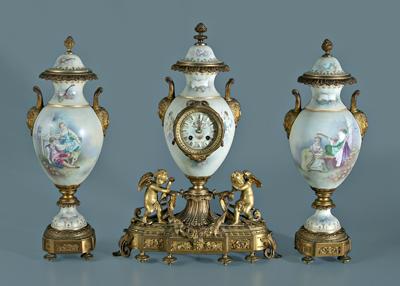 Appraisal: Tiffany S egrave vres clock and garniture hand painted porcelain