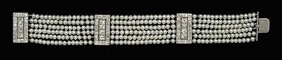 Appraisal: Pearl and diamond bracelet six rows three mm pearls with