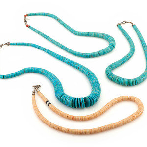 Appraisal: Pueblo Rolled Turquoise and Shell Necklaces third quarter th century