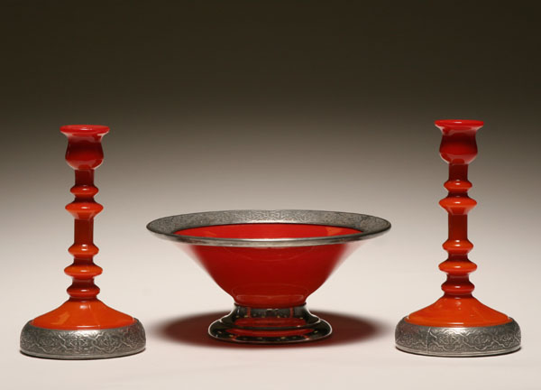 Appraisal: Northwood Chinese Coral console set with candlesticks Applied silver decorated