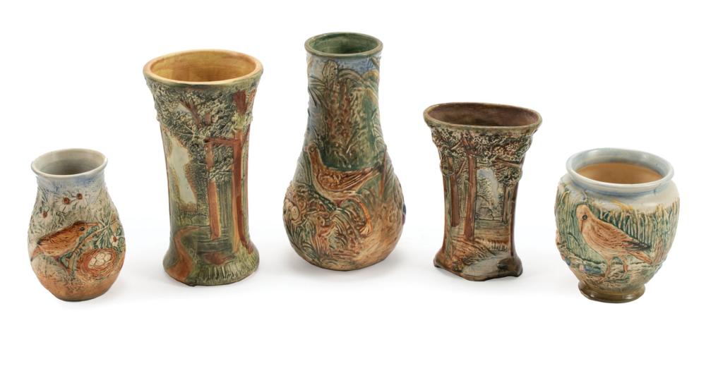 Appraisal: Five Weller Polychrome Pottery Vases marked variously decorated with birds