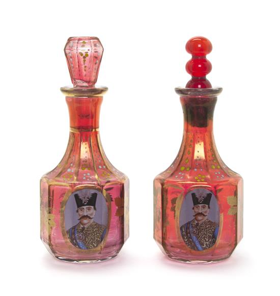 Appraisal: Sale Lot A Pair of Qajar Ruby Glass Decanters th