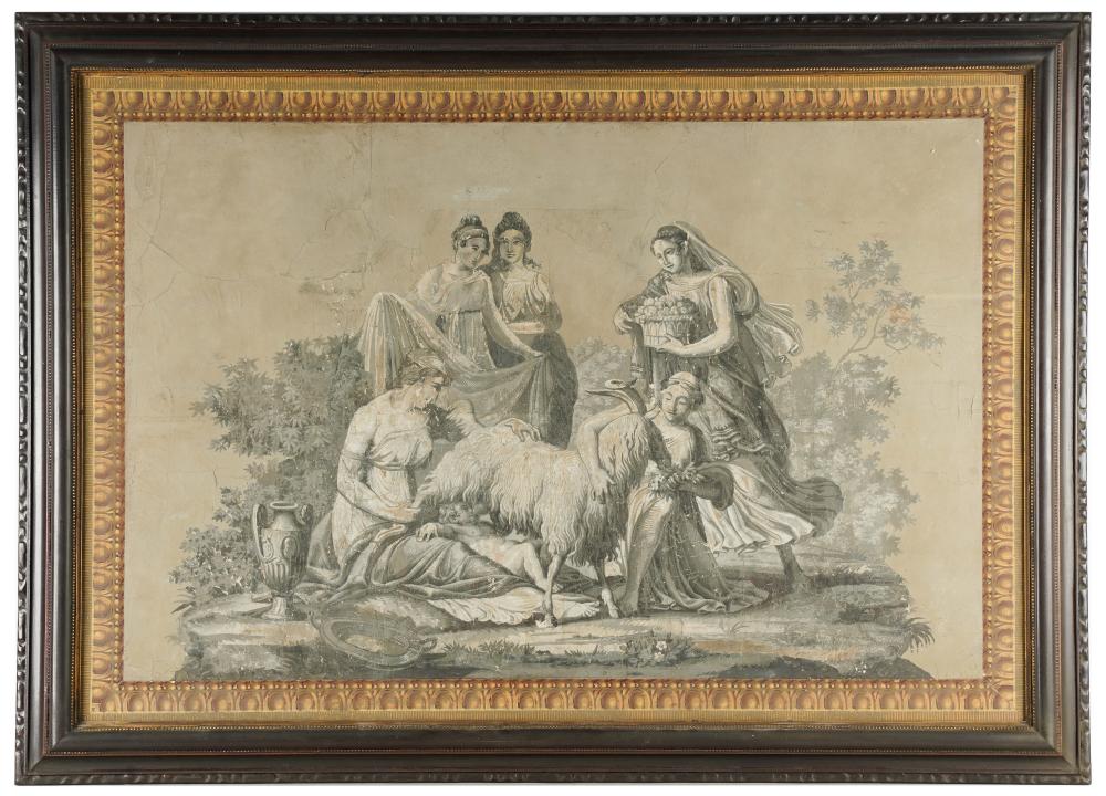 Appraisal: CONTINENTAL NEOCLASSICAL GRISAILLE DECORATIVE PANELgouache on paper depicting figures and