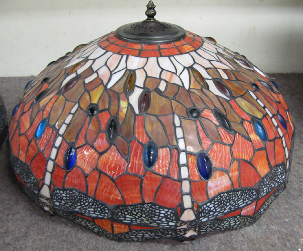 Appraisal: A LEADED GLASS AND PATINATED BRONZE DRAGONFLY TABLE LAMP the