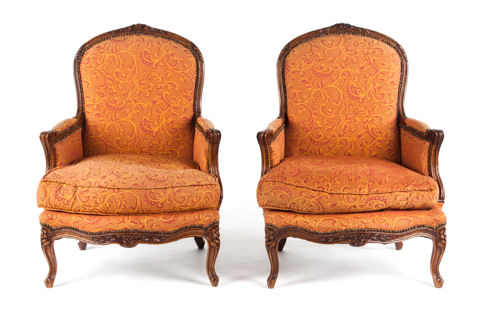 Appraisal: Pair of Louis XV style walnut upholstered bergeres each with