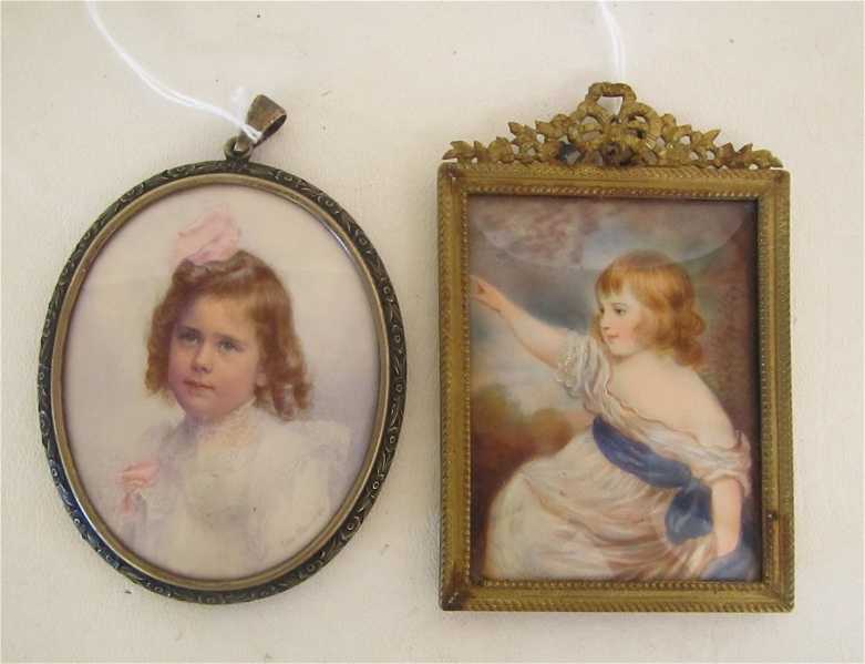 Appraisal: TWO MINIATURE OIL PAINTINGS depicting two little girls with curly