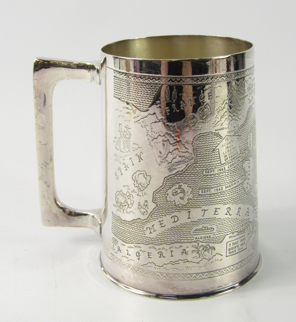 Appraisal: A plated World War II commemorative tankard engraved with a