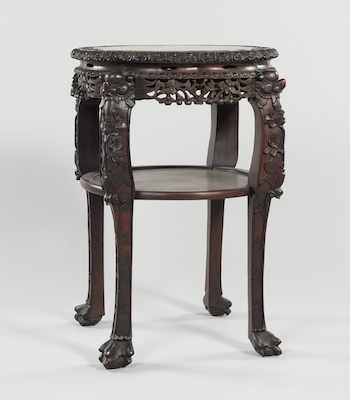 Appraisal: A Large Carved Wood and Marble Chinese Table The top