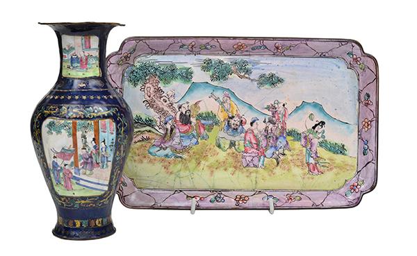 Appraisal: A CHINESE CANTON ENAMEL TURQUOISE- BACK RECTANGULAR TRAY depicting the