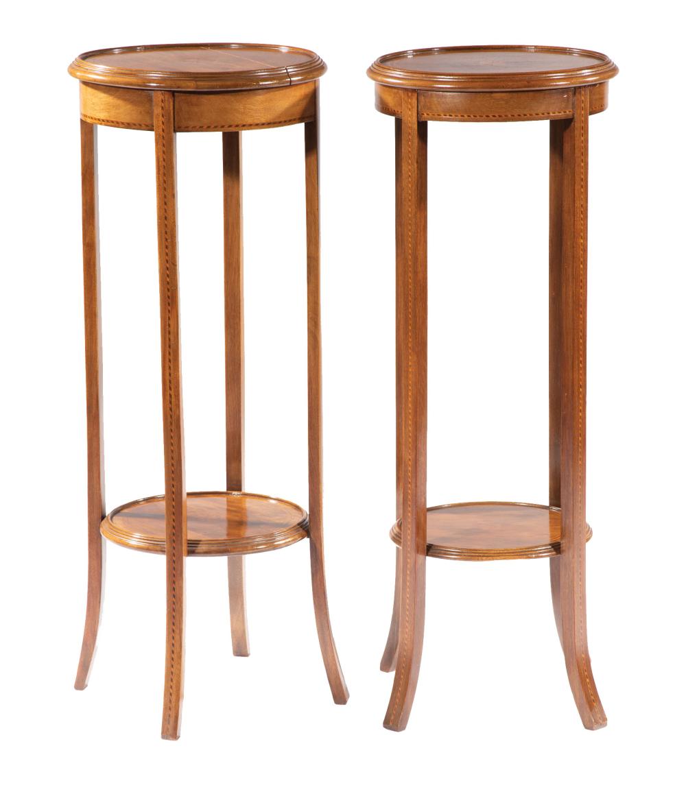 Appraisal: Pair of Georgian-Style Inlaid Mahogany Stands molded dished top conforming