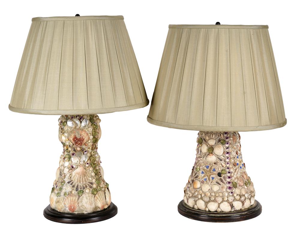 Appraisal: PAIR OF SHELL-DECORATED TABLE LAMPSeach with pale green pleated shade