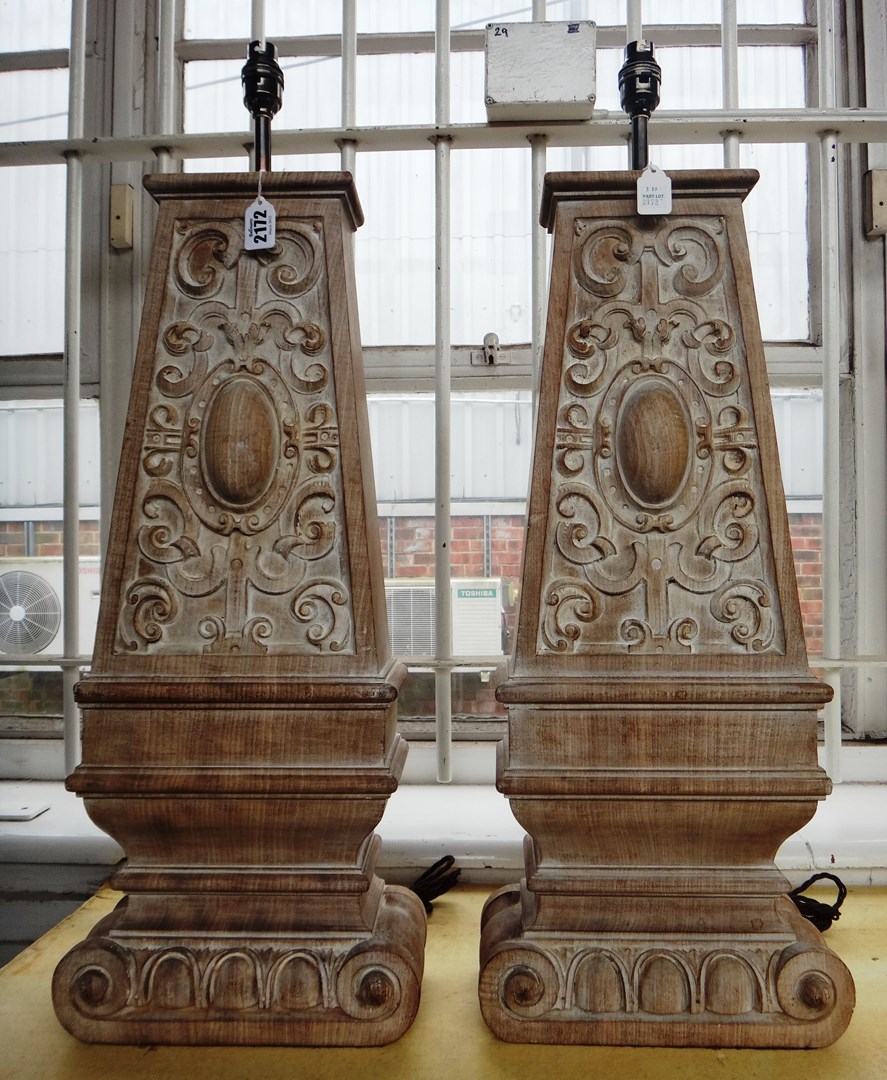 Appraisal: A pair of continental limed oak table lamps th century